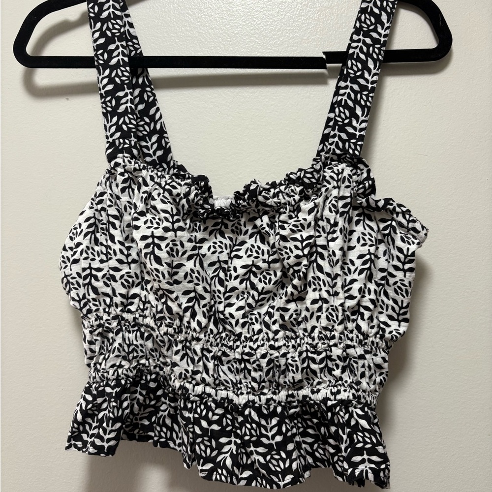 LOFT Black and White Smocked Ruffled Tank Top
